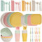 HooySprs 48Pcs Unbreakable Dinnerware Set - Plates, Bowls, Cups, Cutlery for 4, Lightweight Colorful BBQ & Picnic Sets - Macaron