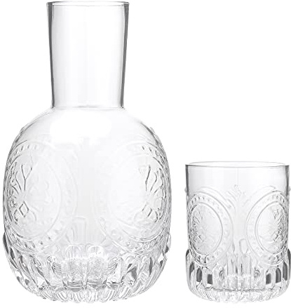 MISNODE Vattenkaraff Vid Sängkanten Vintage Präglad Glaskaraff för Vatten Isdrink, Vattenkaraff Vid Sängkanten och Glasset Praktisk Vattenkaraff i Glas för Sovrum Kök Badrum(Vit)