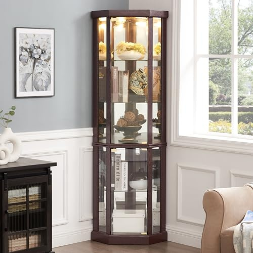 nifoti 69 H Lighted Curio Cabinet Corner Display Case,Corner Glass Cabinets with Tempered Glass Door and Adjustable Shelves,Wooden Curio Cabinet with Mirrored Back Pane (Style 1 - Dark Cherry)