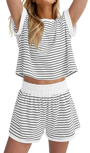 Famulily Women's Striped Pyjamas Set Summer Soft Loungewear Tops and Shorts Co ord Sets with Pockets