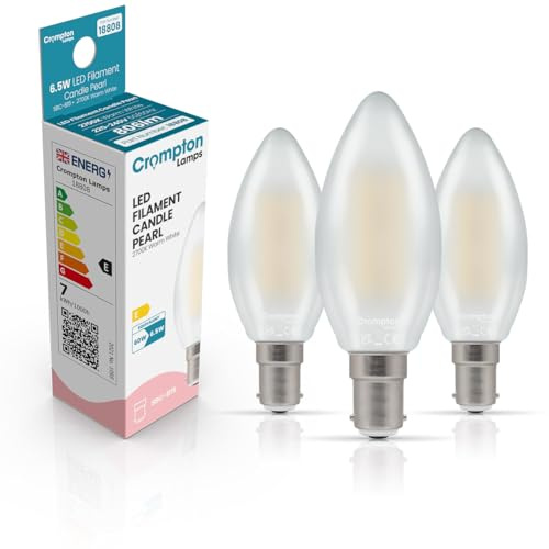 Crompton Lamps Filament Candle LED Light Bulb SBC-B15d | 6.5W = 60W Equivalent | Warm White 2700K | Energy Efficient | Small Bayonet Lightbulb | Long Life 15,000-Hrs | Pearl Glass | 3-Pack
