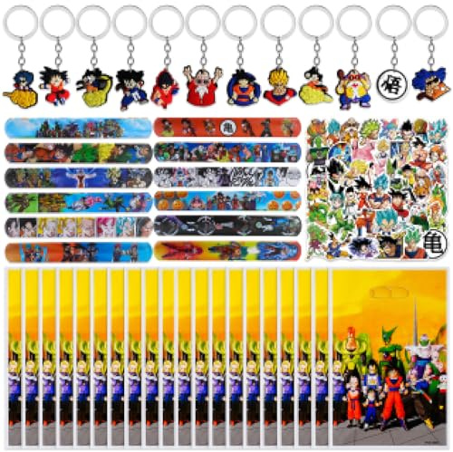 94 pièces de fournitures de fête, 20 sacs cadeaux Goku + 12 porte-clés + 12 bracelets élastiques + 50 autocollants, pour anniversaire d'enfant, cadeaux, cadeaux d'invités, décoration de fête Goku