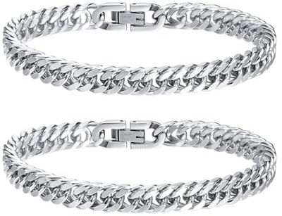 MYGLOAR 2 PCS Pulsera de Pareja de Acero Inoxidable de Pareja de Plata Cadena para él Novia Esposa Hermana Amante Pulsera Unisex Día de San Valentín Navidad Pascua 17CM+21CM
