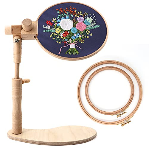 ZOCONE Support rotatif réglable en bois de hêtre avec 2 cerceaux à broder de 15,2 cm et 20,3 cm, support de cercle à broder en bois pour point de croix et projet de broderie (A)