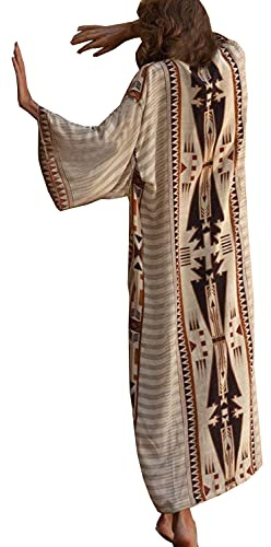 LikeJump Mujer Bohemia V Cuello Vestido de Playa Maxi Kaftan Kimono Pareos Bikini Cover Ups