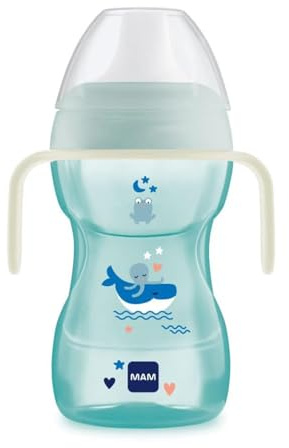 MAM Fun to Drink Cup Night avec poignées qui brillent dans le noir et bec rigide, 8 mois, 270 ml, bleu clair