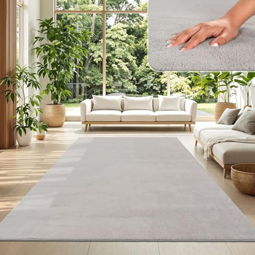 TT Home Wohnzimmer Teppich Kurzflor Anti-Rutsch Rückseite Unifarben Modern Waschbar, Farbe: Silber, Größe:140x200 cm
