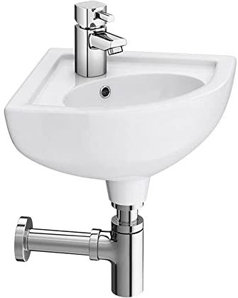 Lavabo bagno angolare sospeso, 44 x 36 x 19,5 cm, design salvaspazio in ceramica bianca lucida