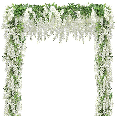 Findosom Wisteria Artificial Flowers Garland, 5Pcs Total 36FT White Wisteria Hanging Flowers, Flower Garland Decorations for Home Garden Outdoor Ceremony Wedding Arch Decoration