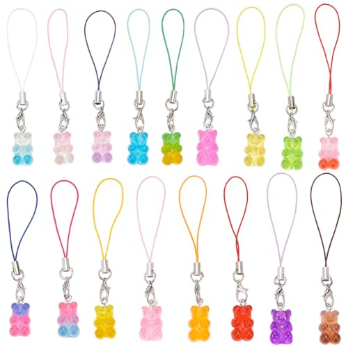 BENECREAT 34pcs 21x11x7mm Bear Pattern Resin Mobile Phone Straps Pendants with Polyester Cord, Mixed Color Phone Charm Accessories for Backpack Wallet Keychain Pendant