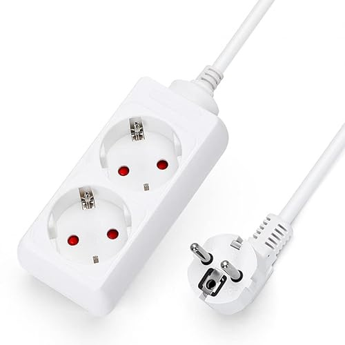 Rallonge multiprise Blanche sans Interrupteur avec câble 3G, multiprise Allemande Blanche (2 Prises 1,5 mm² 3M)