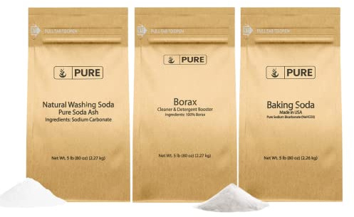 PURE ORIGINAL INGREDIENTS Borax, Washing Soda, and Baking Soda Bundle, (5 lb) Cleaning, Soap DIY