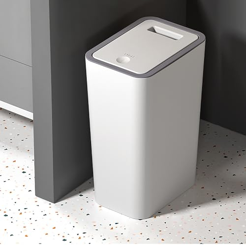 White Plastic Bin with Lid - 9L Push Button Dog Proof Bin for Kitchen, Bathroom, Bedroom, Office, Living Room