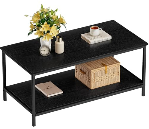 SAYGOER Black Coffee Table for Living Room Modern Rectangle 2-Tier Coffee Tables with Storage Industrial Wood Center Table for Large or Small Spaces Apartment Home Office, All Black