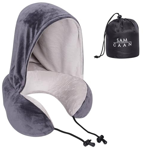 Sam Caan® Travel Pillow for Airplane Hooded Neck Pillow Comfortable Memory Foam Lightweight Soft Neck Cushion with Hood for Head and Neck Support for Adults Carry Bag
