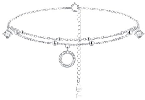 Cangall Silber Fußketten für Damen Frauen, 925 Sterling Silber Fußkettchen Armband, Flexibel Verstellbar Kreis Layered Fußkette Fußband, Sommer Barfuß Strand Silber Fußkette Fußschmuck am Fußgelenk
