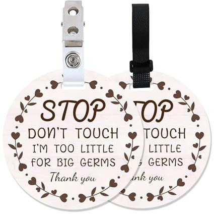 PLIGREAT 2 Pack Stop Don't Touch Baby Car Seat Signs, No Touching Sign for Newborn Boy Girl, Stop Kissing Reminder Signage for Carrier With Hanging Strap and Clip, Heart Wreath