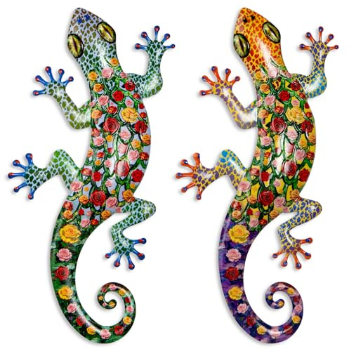 2 piezas de metal gecko decoración de pared lagarto jardín arte escultura colgante de color para interior y exterior patio valla (estampado floral)