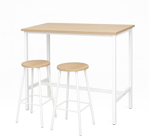 LIN HOME Mesa Alta de Bar con 2 Taburetes, Set 3 Piezas 108x48x91cm, Tablero Natural y Estructura Blanca, Ideal para Cocina y Salón, Diseño Moderno y Resistente