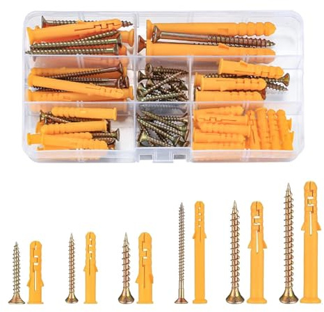 88 Pcs Wall Plugs And Screws, Plastic Expansion Pipe Anchor Bolts (M6/M8/M10) Assorted Set for Brick, Concrete, Masonry, 44 Self Tapping & 44 Expansion Plug Anchor Bolts Box