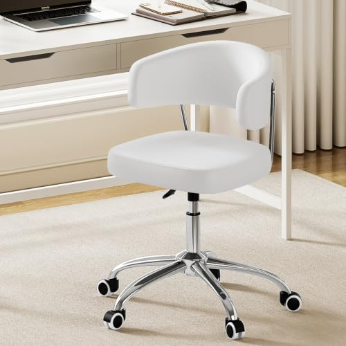 Luxstein Silla Escritorio con Ruedas, Silla Ergonomica Tocador | Silla de Estudio Giratoria Altura con Respaldo, para Estudio, Dormitorio, Oficina, Reuniones, Cuero PU, Blanco