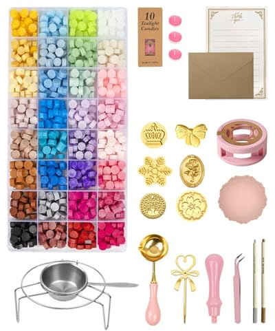 Wax Seal Kit, incl. 6 Seal Stamps & 1200 Wax Seal Beads in 32 Colors | Complete set with Envelopes, Stand & Spoon Set, Vintage Style for Invitations, Wedding, Crafts and Gifts