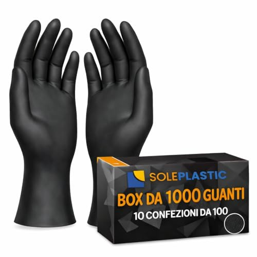 SOLEPLASTIC 1000 Guanti Nitrile Neri (TAGLIA S) - 10 Confezioni da 100 - Senza Lattice e Senza Polvere, Guanti Monouso Idonei per Alimenti, Uso Medico, Cucina, Tattoo e Non Solo