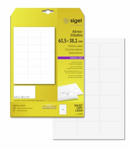 SIGEL LA320 abgerundete Adress-Etiketten selbstklebend, bedruckbar, weiß, 63,5 x 38,1 mm, 525 Etiketten = 25 Blatt