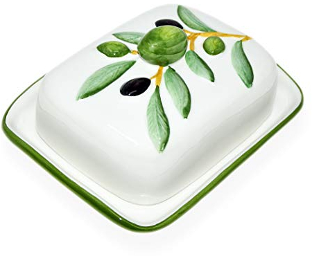 Lashuma Handgemachte Butterdose aus Italienischer Keramik im Olivendesign, Butterschale Größe 18 x 14 cm