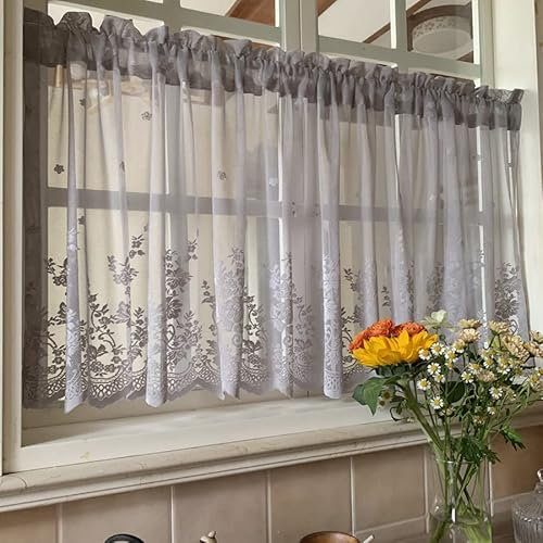 Devola Pastorale Art Scheibengardine Romantisch Blumenmuster Besticke Flächenvorhang transparent Garn Bistrogardine Moderne Kurzstore Cáfe Gardine Landhaus Küchengardine HxB 58x150cm Grau 1er Pack