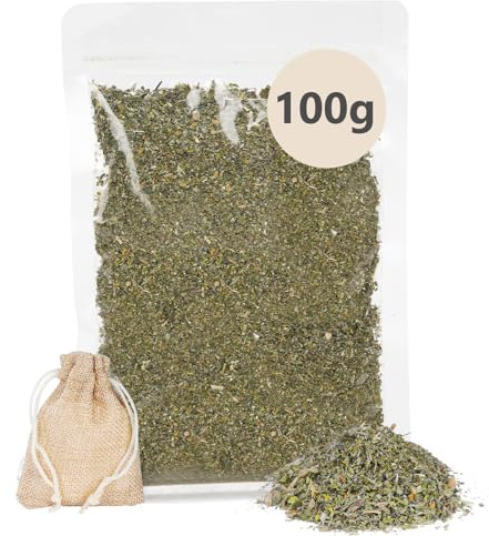 OSDUE Katzenminze mit Befüllbarem Säckchen, 100% natürliche Katzenminzenmischung, für Katzenspiele, Katzentraining und Neue Katzenminzenspielzeuge, Kratzbäume und Katzenbette(100g)