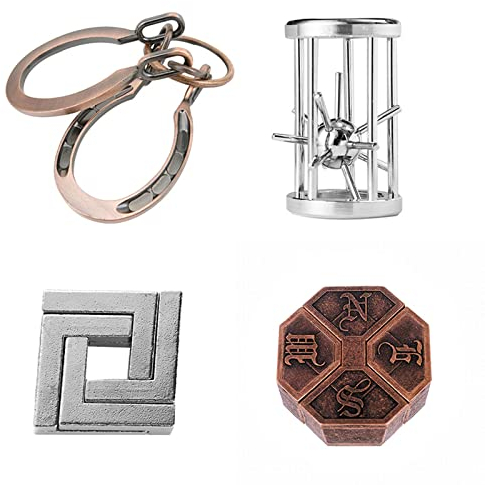 Holzsammlung 4 Stück Knobelspiele im Set,Metall Knobelei IQ-Spiele Set IQ Test 3D Brainteaser Puzzle Metallpuzzle Geschenke für Kinder Teenager & Erwachsene Weihnachten Geschenk#A02