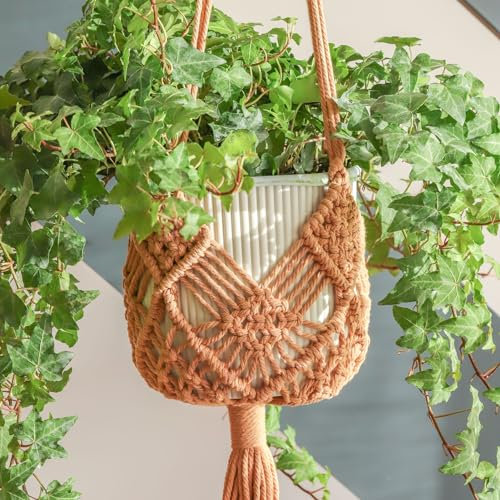 Hanging Planter with Patterns,2Packs Macrame Plant Hangers Indoor Macrame for up to 8 inch Pot Crochet Boho Plant Hanger Holder for Indoor Outdoor with 2S Shaped Stainless Steel Hooks (Caramel)