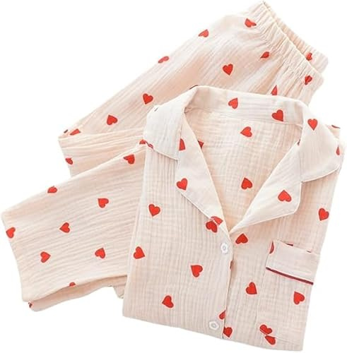 MANGGUO Femmes col roulé Pyjama Set, Peach Motif Pyjama Set Coton Casual Manches Longues Tops Pantalons Pyjama Soft Living Clothing Couleur Beige S