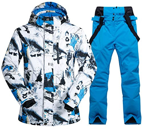 Mens Ski Jacket and Pants Set Ski Suit Winter Waterproof Windproof Hooded Snow Coat 2 Pieces Snowboarding Snowsuits blue+blue Large