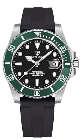 Pagani Design Automatische mechanische Uhr, 40 mm schwarzes Zifferblatt, 100 m wasserdicht, Leuchtend, Gummiarmband, Keramiklünette (schwarz grün)