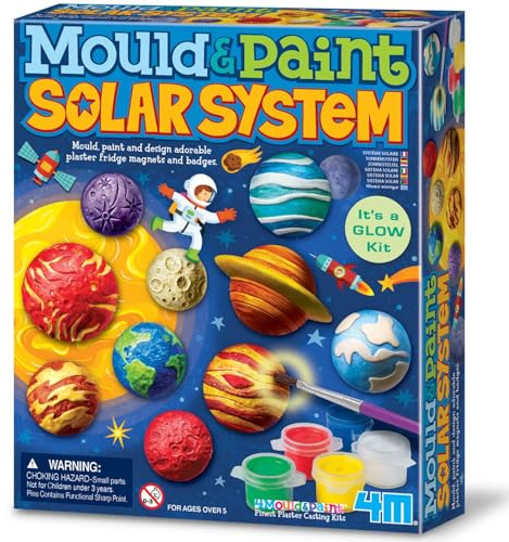 4M Modella e Dipingi Sistema Solare che si Illumina al Buio – Kit Creativo Set Gesso per Creare Magneti per il Frigo e Spillette, Regalo Artistico Fai-da-Te