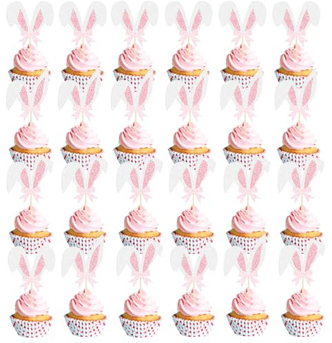 Décoration Gâteau Paques, Deco Gateau Paques 24 Pièces, Mignon Lapin Cupcake Topper Decorations Décorations de Cupcakes Pâques pour Fournitures de Fête à thème de Pâques (Blanc A)