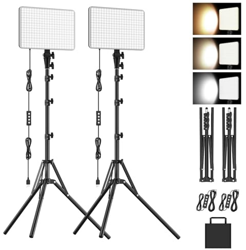 2-Pack LED Video Lighting Kit, Anautin 15W/1700Lux Photography Lighting with Tripod Stand, 2500-8500K Dimmable Streaming Light for Video Recording, Gaming, Podcast, Barber, Salon, TikTok, YouTube