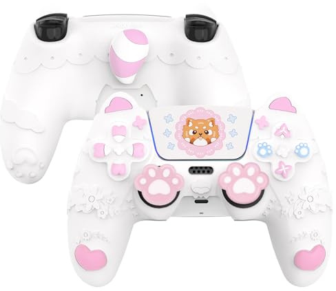 PlayVital for PS5 Controller Skin Cover - Cute Spring Lesser Panda Silicone Case for PS5 Controller with Thumbstick Caps & Sticker - Full Protection, Anti-Slip, Charging Dock Compatible - White