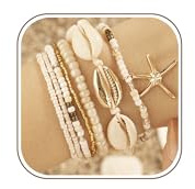 LOCCY Muschel Armband, 7 Stück Muschel Armbänder für Damen, Bohemian Beaded Multi-Layer Armbänders Boho Armband Fussketten für Frauen Damen (weiß)
