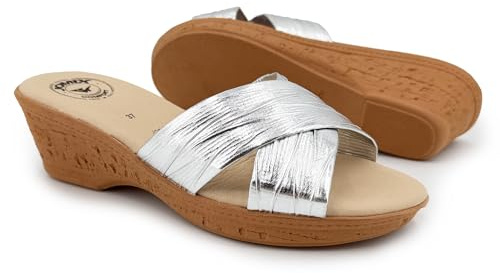 JOMIX Sandalias de Vestir Mujer con Cuña Plateadas Chanclas de Estilo Italiano Muy Cómodas Zapatillas Ligeras para Exterior e Interior Plateado Brillante 41