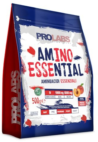 PROLABS – EAA Aminoacidi Essenziali AMINO ESSENTIAL Fermentati Polvere 100% Veg con BCAA Ramificati 2:1:1 e Vitamina B6, Amminoacidi Essenziali Post Intra Workout, Integratore per Sportivi, 500g Pesca