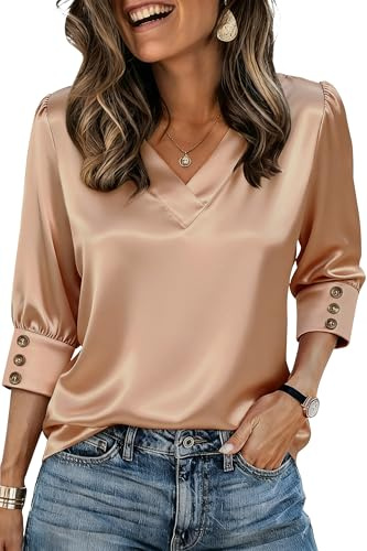 RICHSTORY Business Casual Tops for Women 2026 V Neck Silk Satin Dressy Blouses 3/4 Length Sleeve Dress Shirts Cute Summer Ladies Top and Blouse Light Coffee Large