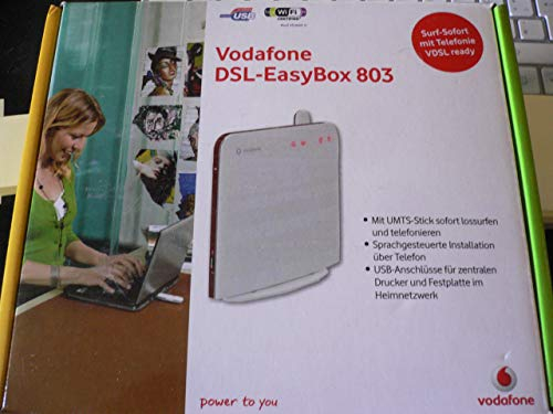 Vodafone - DSL-EasyBox 803 (manual en CD-ROM, instrucciones de instalación, material y soporte de fijación, cable de teléfono, cable de red y fuente de alimentación)