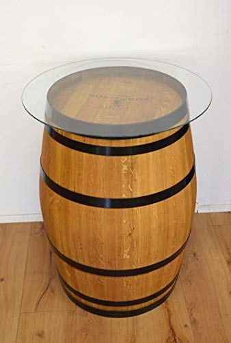 Temesso Dekofass, Stehtisch aus echtem Weinfass, Gartentisch mit Glas -Tischplatte D80cm - Fass in verschiedenen Variationen (Fass geschliffen + geölt mit schwarzen Ringen)