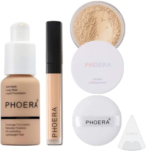 Phoera Foundation Full Coverage Makeup Set - Includes Nude 30ml Matte Foundation, Phoera Concealer (Neutral), Cool Beige Setting Powder & Silicone Blender Sponge for Easy Application