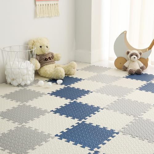 Tamiplay Foam Play Mat for Toddlers, EVA Non-Toxic Interlocking Floor Mats with Solid Colors, Squares Baby Play Mat, EVA Foam Floor Mat Foam Mats for Kids, Baby, 16 Tiles(White/Light Gray/Dark Blue)