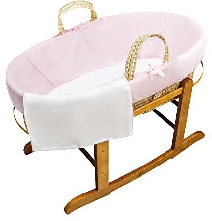 Kinder Valley Pink Hand-woven Palm Moses Basket with Deluxe Natural Rocking Stand, Fibre Mattress, Flat Fitted Sheet & Cellular Baby Blanket,