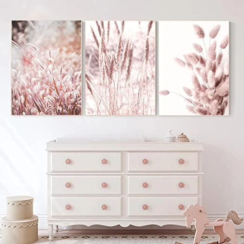 Trayosin 3er Premium Poster Set, Rosa Pampasgras Boho Deko Wandbilder,Moderne Bilder Wohnzimmer Deko Schlafzimmer, Wandkunst Bild ohne Rahmen (21x30cm)
